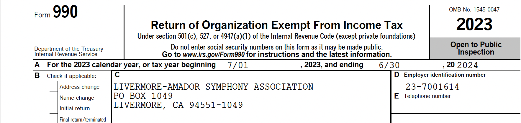 LAS Form 990 header, fiscal year 2023