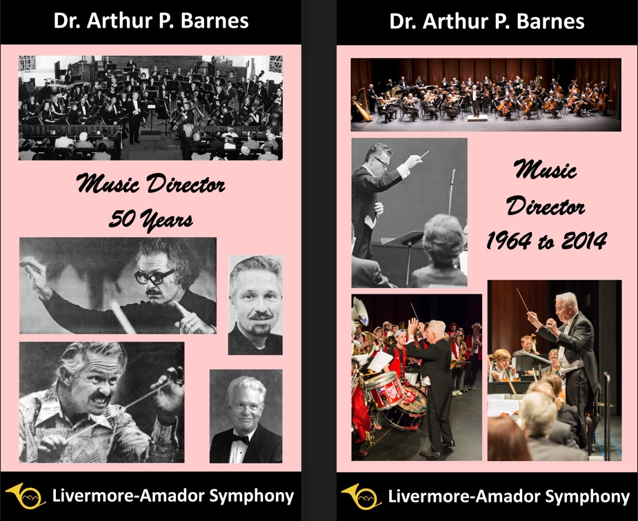 pair of banners by Denise Leddon showing Art Barnes conducting over the years