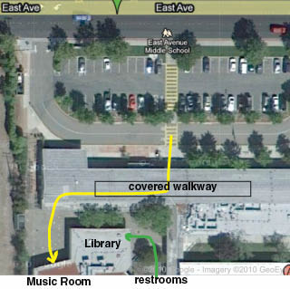 map showing parking lot and music room at East Ave.