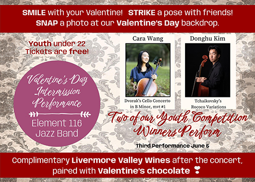 publicity postcard for the 2/14/26 concert, photos side