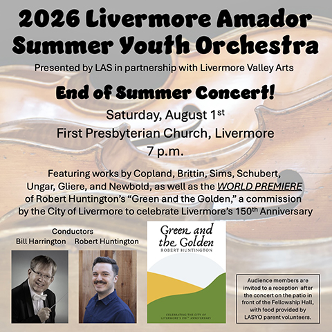 promotional flyer designed by Kathy Boster for the LASYO free concert at 7pm Aug 1 at First Presbyterian Church, Livermore