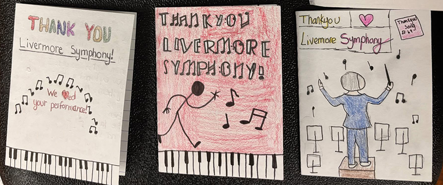 front of 3 thank-you notes from Kolb Elementary students, April 2026, photo by Diane Schildbach