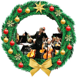 wreath with LAS free family concert photo with conductor and part of orchestra in its center